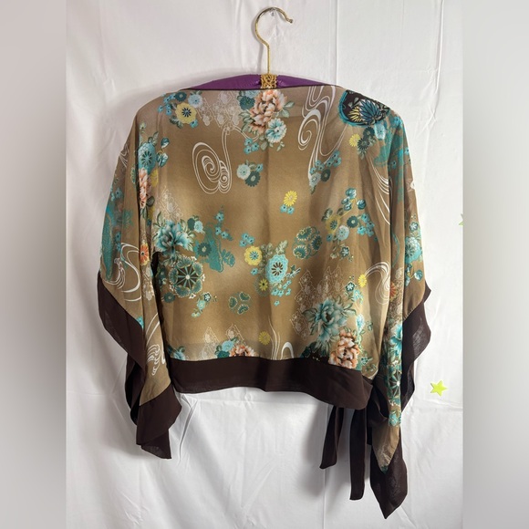 VTG Y2K Brown Floral Boho Batwing Sleeve Kimono Blouse with Waist Tie Size L - Picture 3 of 15